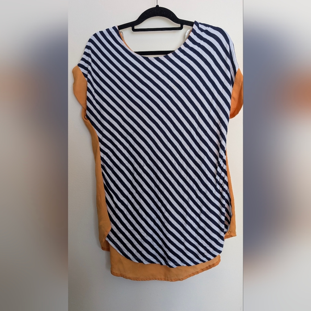 Love J Cap Sleeve Sheer Back Top XL Navy Blue White Stripe Front Yellow Back